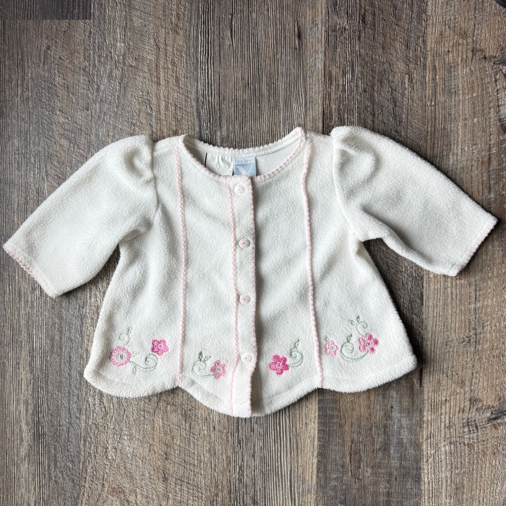Baby V‎ Infant Fleece Cardigan 0-3 Months White Pink Floral Embroidered Jacket